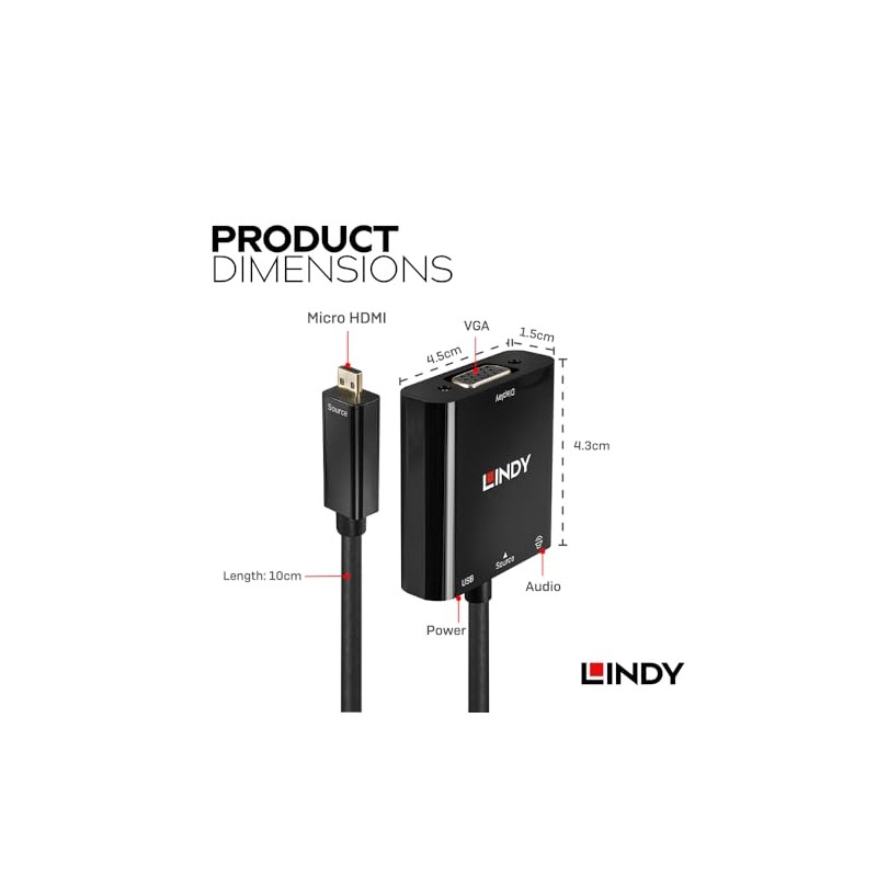 LINDY Micro HDMI (Type-D) to VGA/Audio Active Converter Adapter Cable