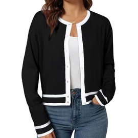 ZANZEA Cropped Cardigan Sweaters for Women Trendy 2025 Fashion Summer Lightweight Color Block Button Down Open Front Knit Bolero Shrug Sweaters Black Large