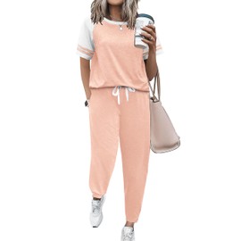 Ekouaer Lounge Sets for Women Two Piece Pajama Set Short Sleeve Crewneck Jogger Outfits and Sweatpants Tracksuit Champagne