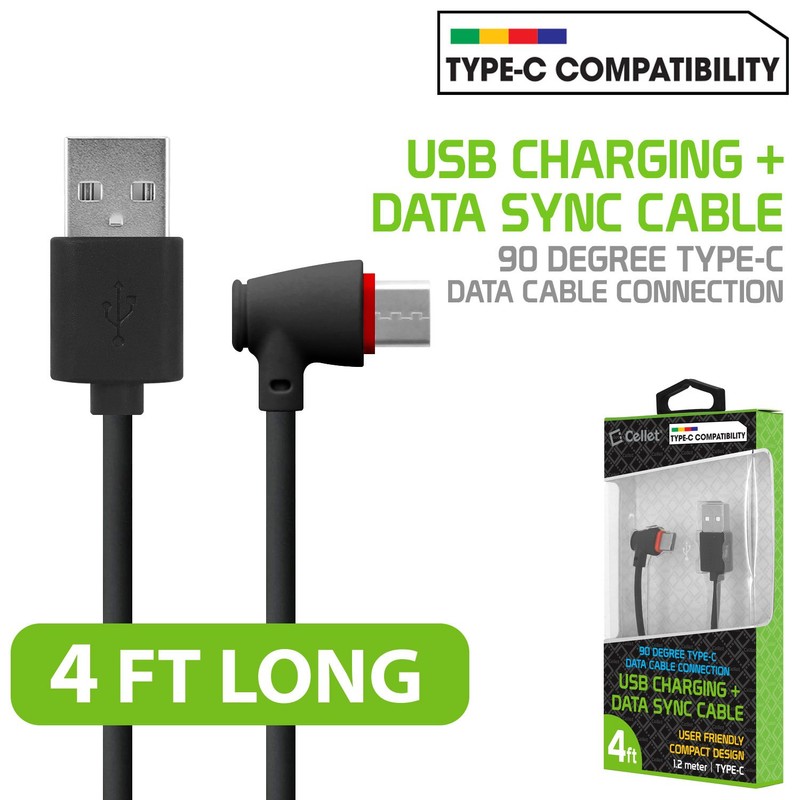 Cellet USB 90 Degree Type-C Cable 4ft Long USB C