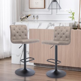 Brage Living Tufted Fabric Bar Stools Set of 2, Adjustable Swivel Counter Height Barstools with Back, Upholstered Armless Airlift Bar Chairs for Kitchen Dining Cafe (Taupe, Black Base)