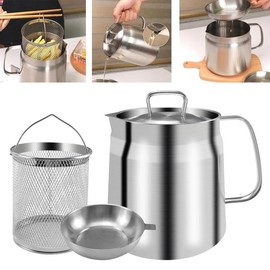 304 Stainless Steel Oil Filter Pot, Cooking Oil Container with Strainer and Fryer Basket, 3 in1 Oil Fryer, Strainer, Bacon Grease Saver with Strainer, for Bacon Fat Dripping(50oz)