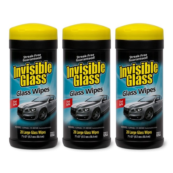 Invisible Glass 90166-3PK 28-Count Lint-Free and Ammonia-Free Large Glass Cleaning Wipes are Tint Safe Enjoy Streak Free Windows, Mirrors, and Glass for Home and Auto, Pack of 3