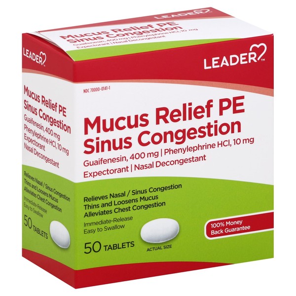 Leader Mucus Relief PE Sinus Congestion, Expectorant; Nasal Decongestant, Thins