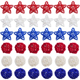 STMK 36 Pcs 4th of July Rattan Balls Decorations, 2 Inch Star Shaped Wicker Balls & Red White and Blue Wicker Balls for 4th of July DIY Vase Bowl Filler Ornament Table Decorations