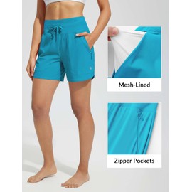 Baleaf - Pantalones cortos de natación para mujer, de 5 pulgadas, cintura alta, secado rápido, UPF 50+, pantalones de natación con forro tipo calzones con bolsillos con cierre, Azul Aqua, Large