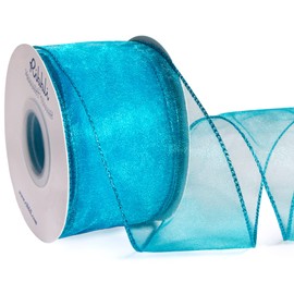 Ribbli Turquoise Blue Organza Wired Ribbon, Sheer Ribbon with Metallic Edge,2-1/2 Inch x 20 Yards Christmas Tree Ribbon for Decoration, Wired Ribbon for Large Gift Wrapping,Wedding Decoration