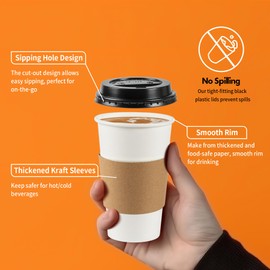 PakTalk [100 Pack 16 oz Paper Coffee Cups Disposable Hot Cups To Go Cups with Lids for Hot Drinks (16 oz with Lids & Sleeves, White)