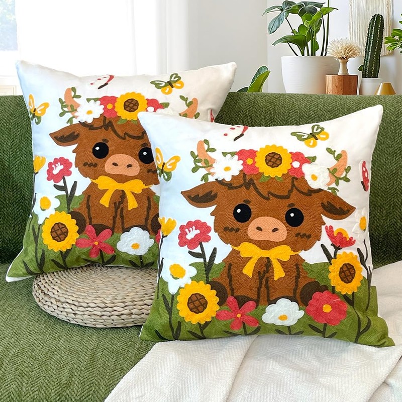 OECTVD Highland Cow Embroidered Throw Pillow Cover - 18x18 Outdoor