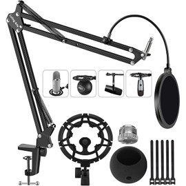 Microphone Stand for Blue Yeti Snowball Quadcast Adjustable Boom Arm Scissor Mic Stand Desk Mount with Shock Mount, Windscreen and Double layered Pop Filter Mic Holder Cable for Broadcasting Game
