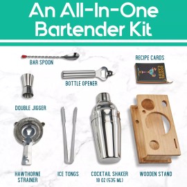 Modern Mixology Mixology Bartender Kit - 8-Piece Cocktail Shaker Set with Wood Stand, Recipe ...