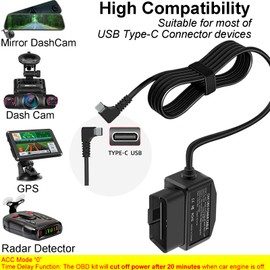 Dash Cam OBD Hardwire Kit, Dash Camera USB Type C Hardwire Kit with OBD2 Power Cable for Dashcam 12-24V to 5V/3A with Low Voltage Protection 24h Parking Surveillance/ACC Mode for Dashcam, GPS or Radar