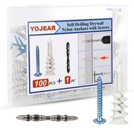 YOJEAR Hollow-Wall Drywall Anchors Kit with Screws, 101PCS #8×1-3/5 Nylon Drywall Anchors and Self Drilling Screws with Bit for Gypsum Board, Sheetrock, No Pre Drill Required, Heavy Duty Holds 75LB.