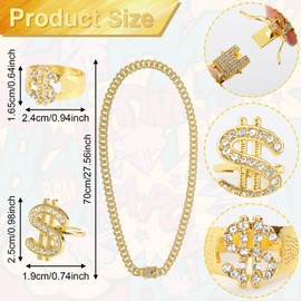 ZSJMY ZSJMY 6 Stück Zuhälter Kostüm Set, 80/90 Jahre Hip Hop Anziehen, Rapper Kostüm, Metall Vergoldet Große Goldkette, Drehbarer US-Dollar Anhänger, Dollar Symbol Ring für Karneval Fasching Mottoparty