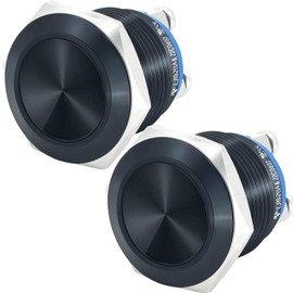 2Pcs 19mm Push Button Switch 3/4" Black Momentary Waterproof IP67 Metal Flat Round Top 12V 24V 36V 110V 250V 5Amp SPST, UL Certification