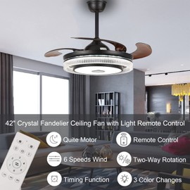 42" Retractable Fandelier Ceiling Fans with Lights Remote Control, Modern Crystal Chandelier Fan with Bluetooth Speaker 7 Dimmable 6 Speed Resverse Motor for Bedroom Living Dining Room, Black