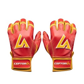 CEPTORS Batting Gloves Short Cuff- Premium Nappa Leather, Handcrafted, Water-Resistant - Durable Professional Baseball Gloves - Youth-Short Cuff - Maize/Red - Medium