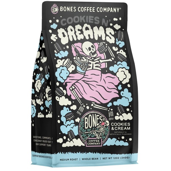 Bones Coffee Company Cookies 'N Dreams Flavored Whole Coffee Beans Cookie & Creams Flavor | 12 oz Medium Roast Low Acid Coffee Arabica Beans | Coffee Gifts & Beverages (Whole Bean)