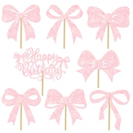 Bow Birthday Centerpiece Sticks 16pcs Pink Bow Birthday Party Decorations Bow Party Table Topper Centerpieces Coquette Bow Birthday Table Decorations for Girls Bowknot Bachelorette Party Supplies