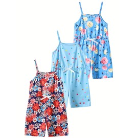 Jolyshlid Girls Jumpsuit 3 Picecs Summer Sleeveless Romper Shorts Elastic Waist Jumpsuits Muti 3-4Y
