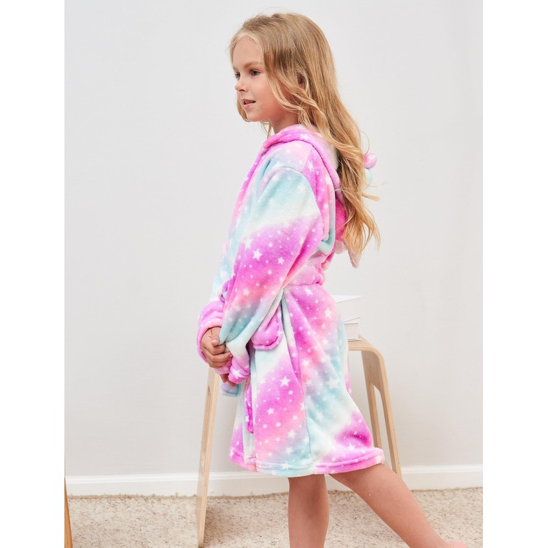 Girls Unicorn Hooded Robe with Matching Slippers, Headband, Blindfold Pink