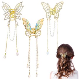 3 Pinzas para el pelo con forma de mariposa, con borlas de mariposa, de diamantes de imitación, de metal, exquisitas, antideslizantes, para mujeres y niñas