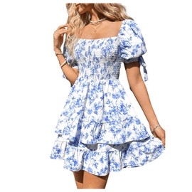 Floerns Women's Floral Print Puff Sleeve Square Neck Tiered Layer Shirred Dresses Blue and White Medium