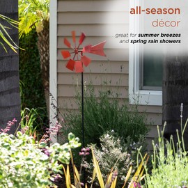 Alpine Corporation 52" Tall Outdoor Metal Windmill Spinner Stake Yard Decoration, Red