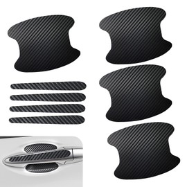 Car Door Edge Protector Kit, 4.13" x 3.15" Door Bowl + 0.6" x 5" Door Handle Carbon Fiber Leather Anti-Scratch Protective Decoration Stickers, Waterproof Self-Adhesive Decal (Black)