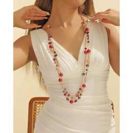 Bocar Beaded Necklace, 2 Layer Long Link Chain Necklace Crystal Beads for Women, Choker Jewelry Gift (NK-10689-Red)