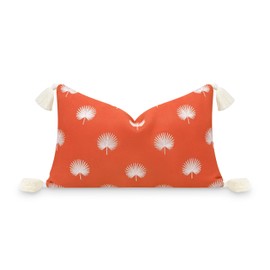 Hofdeco Premium Fall Coastal Patio Indoor Outdoor Lumbar Pillow Cover Only, 12"x20" Water Repellent for Backyard, Couch, Rust Orange Embroidered Palm Leaf Tassel