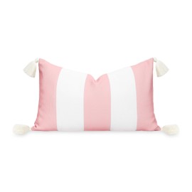 Hofdeco Premium Coastal Patio Indoor Outdoor Lumbar Pillow Cover Only, 12"x20" Water Repellent for Backyard, Couch, Blush Pink Wide Stripes with Tassels