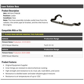 Marketplace Auto Parts Lower Radiator Hose - Compatible with 2009-2010 Nissan Maxima (From 05/01/2008 to 01/31/2010)
