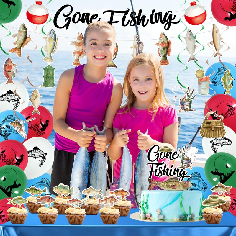 Gone Fishing Party Decorations,Include Hanging Banner Hanging Swirl Balloons and