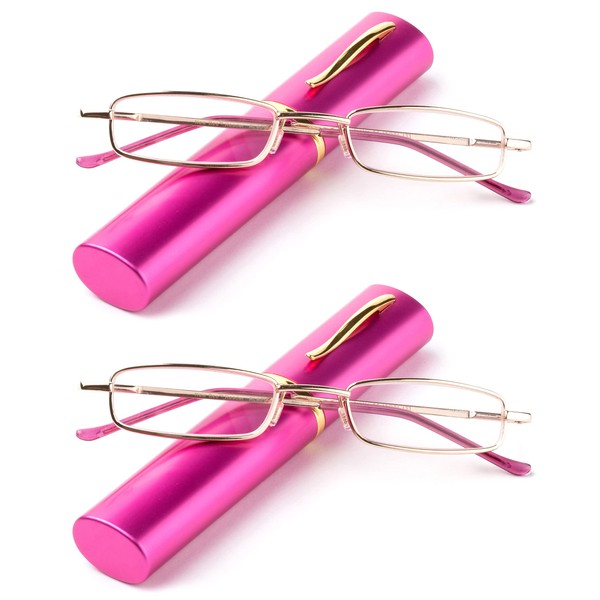 2 Packs Nebee Fashion Pocket Readers Ultra Slim Compact Reading Glasses Spring Temple w/Portable Nebee Fashion Pocket Clip Aluminum Case Pink +2.50