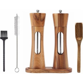 8 Inch Acacia Wooden Salt and Pepper Grinder Set with Tray, Manual Salt & Pepper Shakers with Adjustable Coarseness, Salt and Pepper Mills