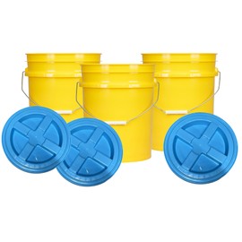 House Naturals 5 Gallon Plastic Yellow Food Grade BPA Free Made in USA Bucket Pail with Air Tight Double Gasket Screw on Lid(Pack of 3) (Yellow and Aqua lids)