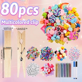 80 Set Cheer Pins Spirit Clips Clothes Wooden Pins for Backpacks Include 90 Mini Resin Animals 30 Mini Bows 500 Beads Cheer Clothespins Decorations Ribbon Team Classroom Cheer Gifts Bulk（Natural）