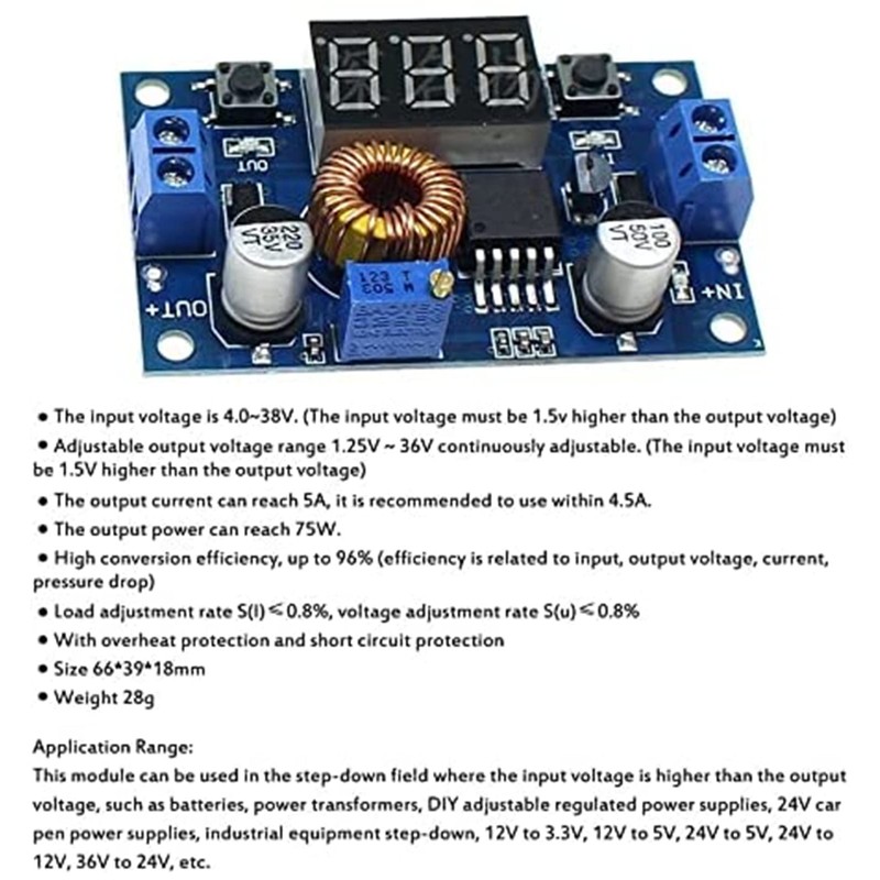 AptoFun 2pcs 75W 5A DC-DC Adjustable Step Down Buck Module