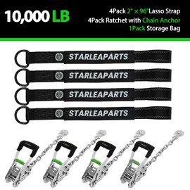 STARLEAPARTS Ratchet Car Tie Down Straps - 10,000LB Break Strength, 4 Pack 2" x 96 Car Trailer Tie Down Straps with G70 Chain Anchors, Wheel Tie Down Straps for UTV, Truck, Cars, Trailers（Black）
