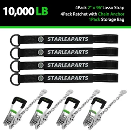 STARLEAPARTS Ratchet Car Tie Down Straps - 10,000LB Break Strength, 4 Pack 2" x 96 Car Trailer Tie Down Straps with G70 Chain Anchors, Wheel Tie Down Straps for UTV, Truck, Cars, Trailers（Black）
