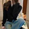 HEBELD Simple Black Cardigan, Ladies, Crew Neck, Long Sleeve, Basic