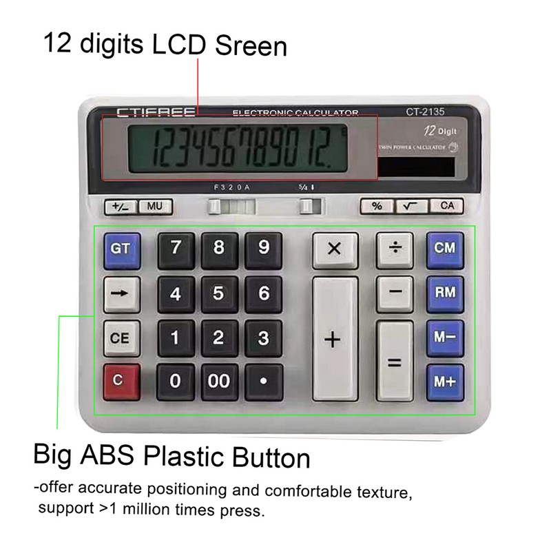 Large Computer Electronic Calculator Counter Solar & Battery Power 12