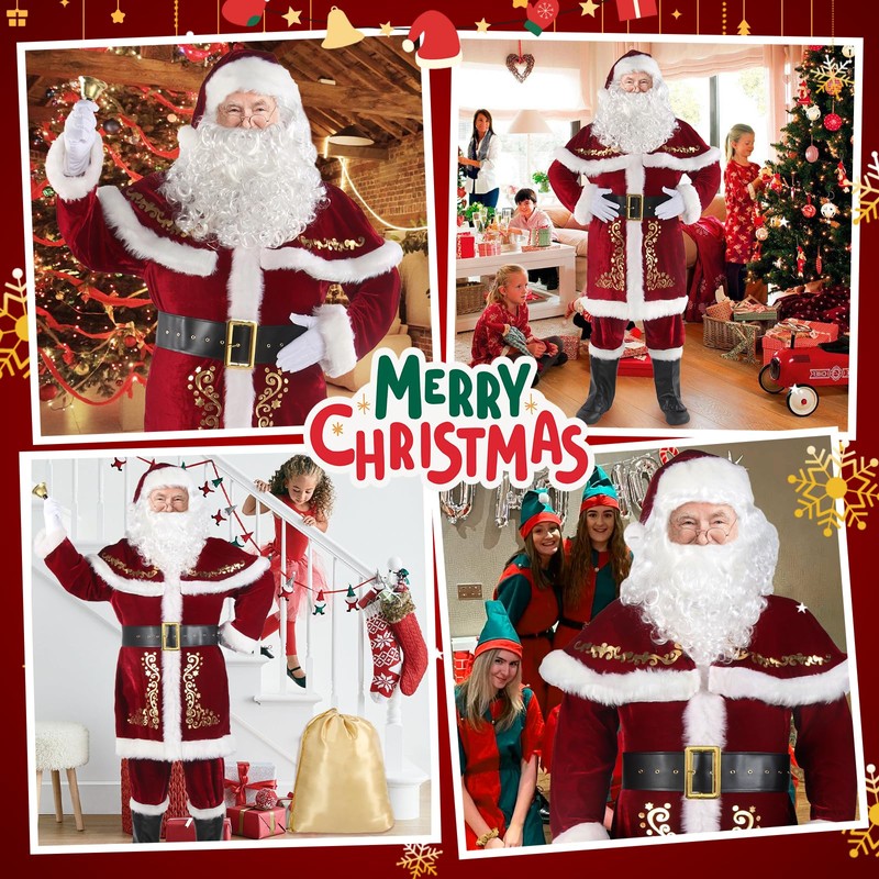 Wabolay Santa Claus Costume for Men Santa Suit Adults 12pcs
