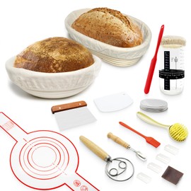 Johaus Banneton Proofing Baskets, 9" Round & 10" Oval Sourdough Bread Baking Supplies, Complete Sourdough Starter Kit with 24oz Sourdough Glass Jar Whisk Scrapers Bread Lame Silicone Brush Sling