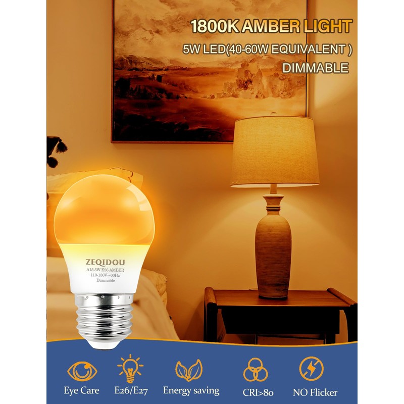 ZEQIDOU Amber Sleep Light Bulbs Dimmable, Blue Light Blocking, A15
