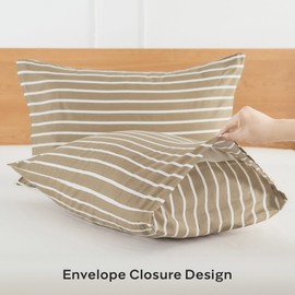 JELLYMONI 100% Natural Cotton Striped King Pillowcases Set, 2 Pack Khaki and White Stripes Pattern Printed Pillow Covers with Envelope Closure(Pillows are not Included)