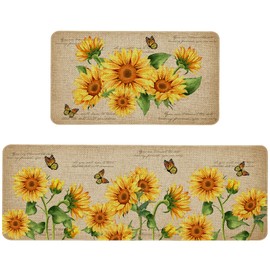 Farmhouse Kitchen Mats Set of 2 Non-Slip Sunflower Kitchen Rugs Seasonal Flowers Home Decor Low Profile Washable Floor Mat 17x47 Inch and 17x29 Inch