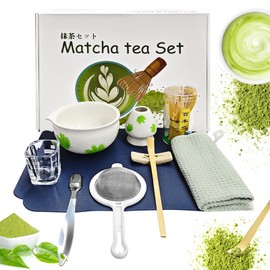 Traditional Japanese Matcha Tea Set with Bamboo Whisk, Bowl, Scoop, Sifter and Holder (White)