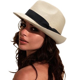 DRESHOW Women Straw Sun Hat Short Brim Panama Travel Fedora Beach Cap Roll up Summer Hat for Women Men UPF 50+